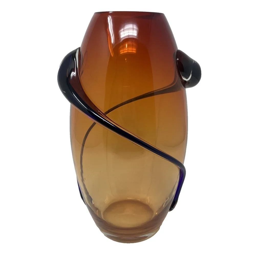 VTG Hand Blown Murano Art Glass Red Amber Swirl‎ Wrap Mid Century Lava 12